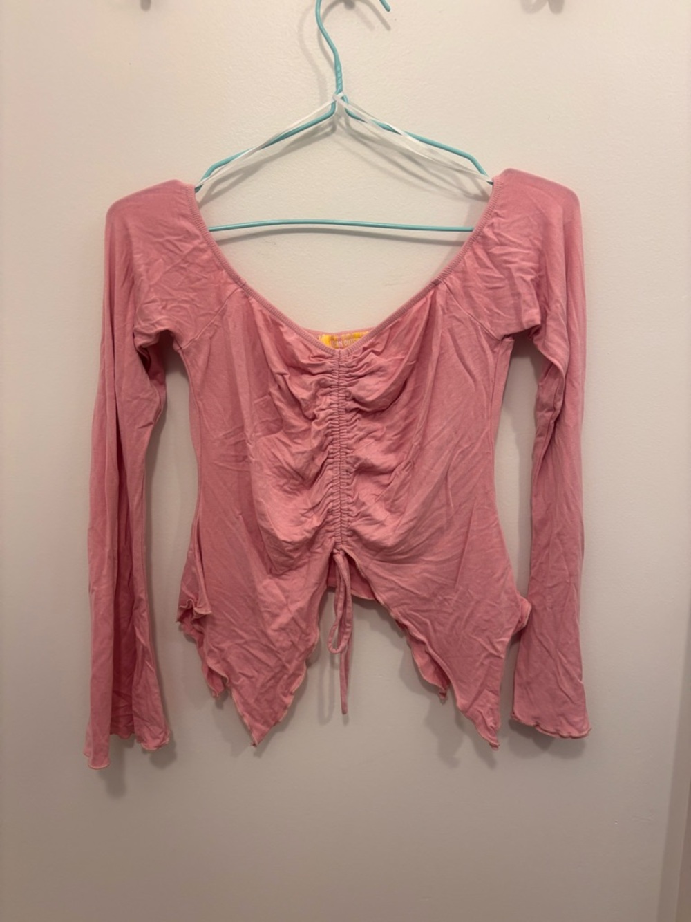 Urban Outfitters Pink Off-Shoulder Ruched Drawstring Crop Top